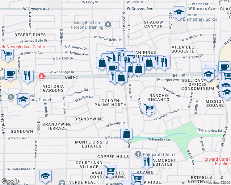 map of restaurants, bars, coffee shops, grocery stores, and more near 3534 West Phelps Road in Phoenix