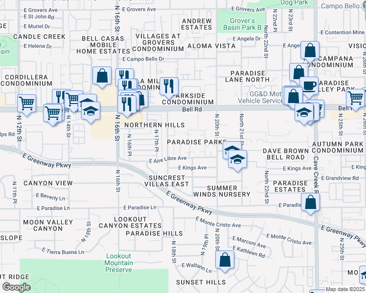 map of restaurants, bars, coffee shops, grocery stores, and more near 16626 North 19th Street in Phoenix