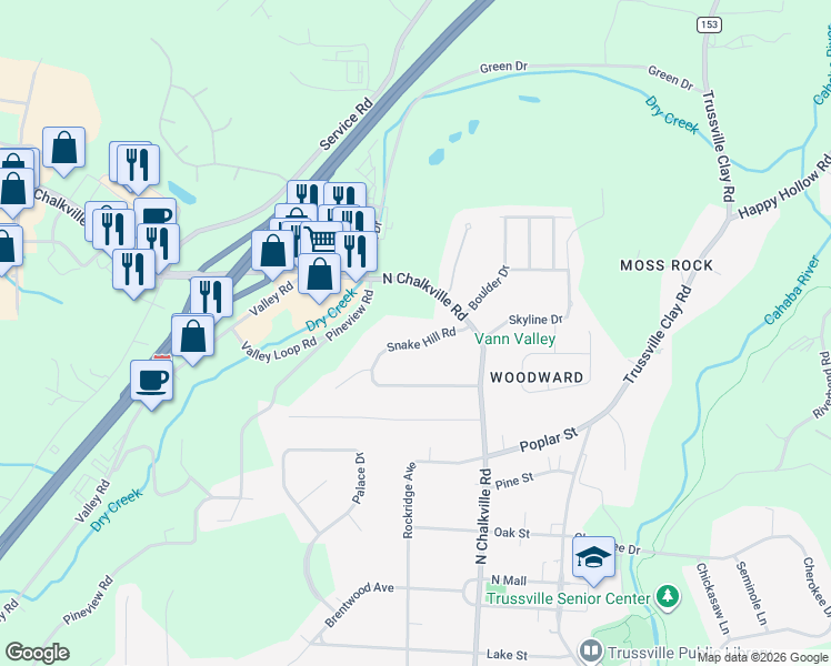 map of restaurants, bars, coffee shops, grocery stores, and more near 224 Snake Hill Road in Trussville