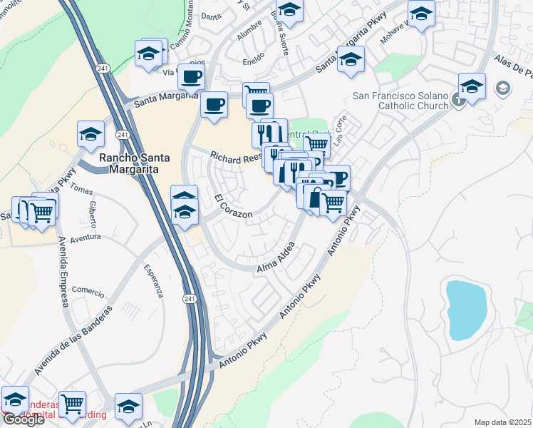 map of restaurants, bars, coffee shops, grocery stores, and more near 87 Calle De Felicidad in Rancho Santa Margarita
