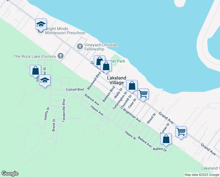 map of restaurants, bars, coffee shops, grocery stores, and more near 33093 Baldwin Boulevard in Lake Elsinore