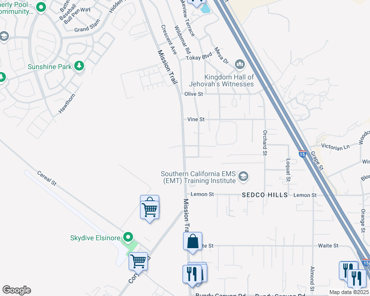 map of restaurants, bars, coffee shops, grocery stores, and more near 33260 Mission Trail in Wildomar