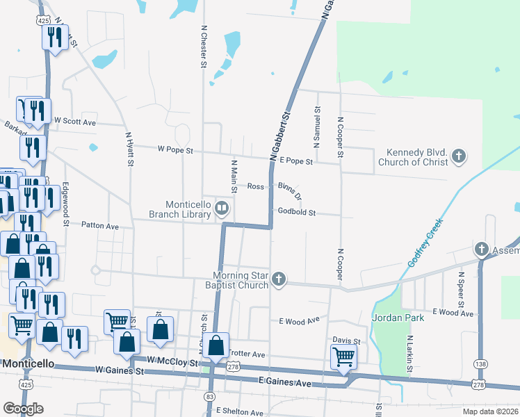 map of restaurants, bars, coffee shops, grocery stores, and more near 925 North Gabbert Street in Monticello