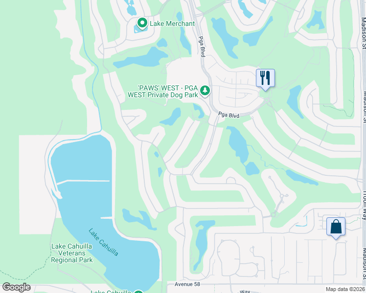 map of restaurants, bars, coffee shops, grocery stores, and more near 80585 Cedar Crest in La Quinta