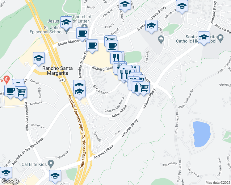 map of restaurants, bars, coffee shops, grocery stores, and more near 89 Calle De Felicidad in Rancho Santa Margarita