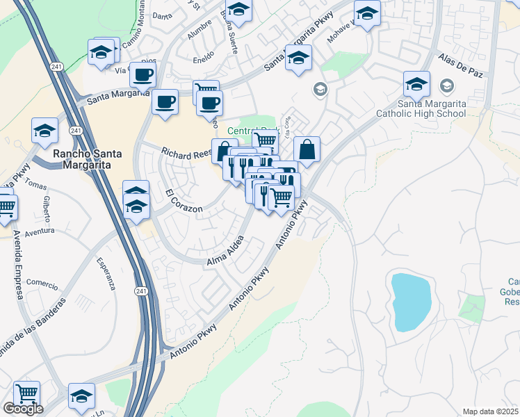 map of restaurants, bars, coffee shops, grocery stores, and more near 22431 Antonio Parkway in Rancho Santa Margarita