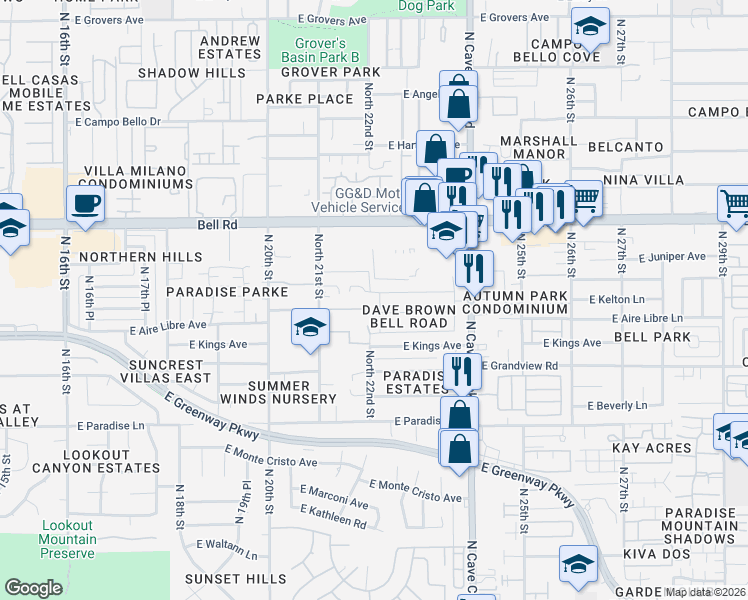 map of restaurants, bars, coffee shops, grocery stores, and more near 16630 North 22nd Street in Phoenix