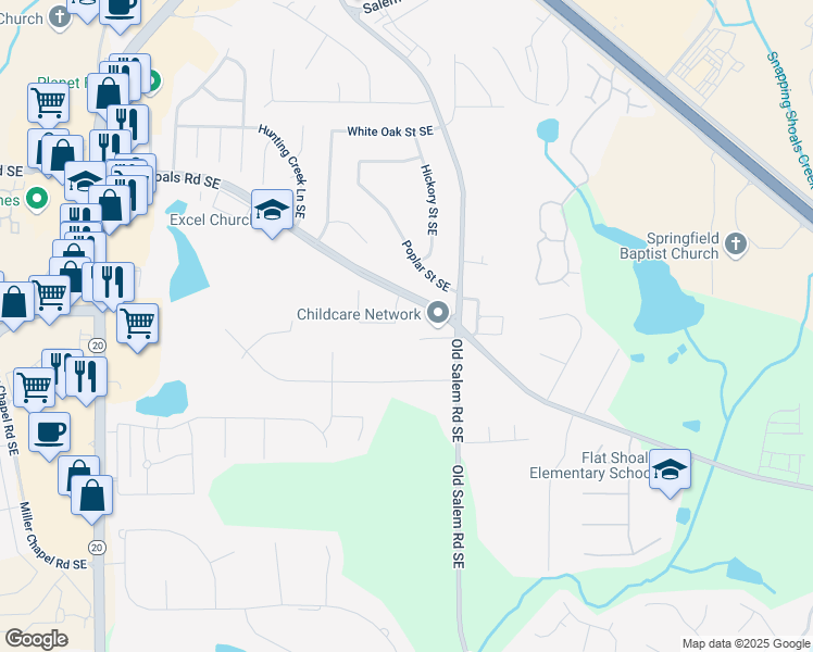 map of restaurants, bars, coffee shops, grocery stores, and more near 1327 Earle Court Southeast in Conyers