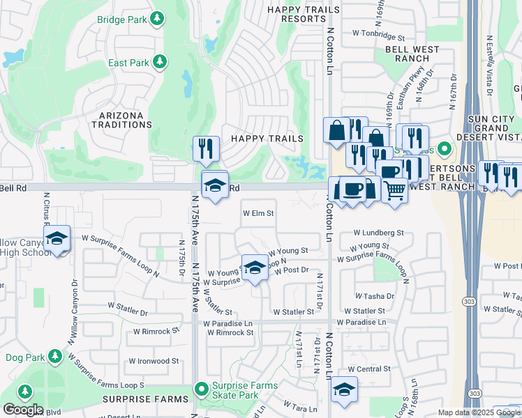 map of restaurants, bars, coffee shops, grocery stores, and more near 17240 West Elm Street in Surprise