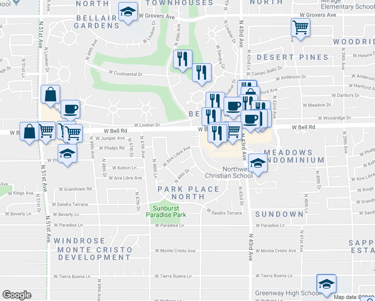 map of restaurants, bars, coffee shops, grocery stores, and more near 4629 West Aire Libre Avenue in Glendale