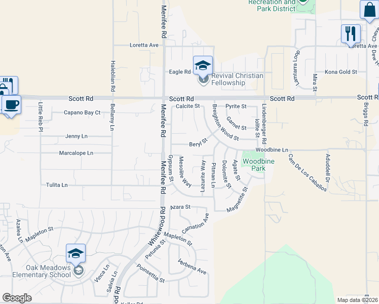 map of restaurants, bars, coffee shops, grocery stores, and more near 29134 Roselite Circle in Menifee