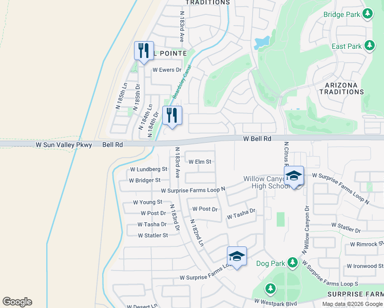 map of restaurants, bars, coffee shops, grocery stores, and more near 18249 West Smokey Drive in Surprise