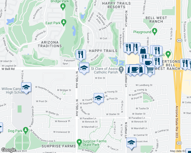 map of restaurants, bars, coffee shops, grocery stores, and more near 17276 West Elm Street in Surprise