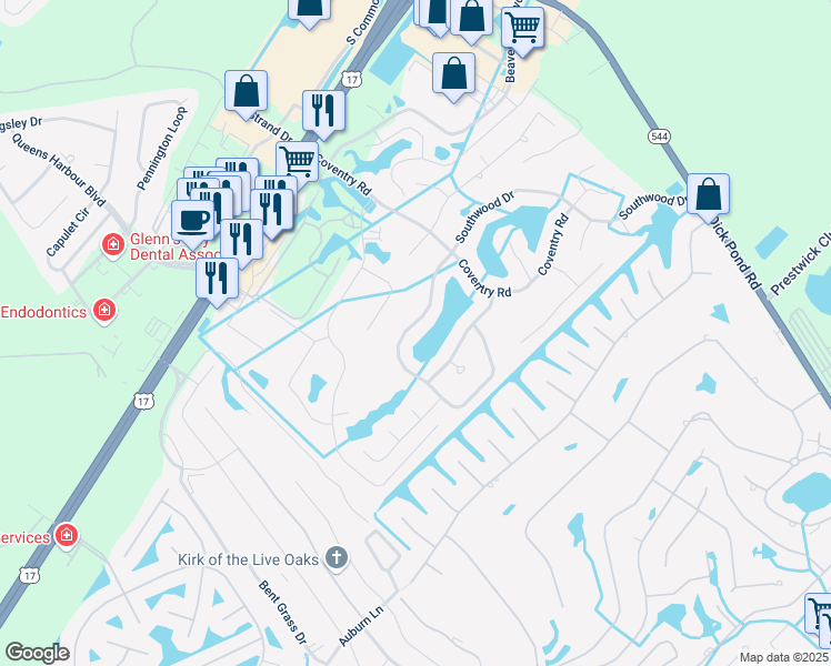 map of restaurants, bars, coffee shops, grocery stores, and more near 1452 Southwood Drive in Myrtle Beach