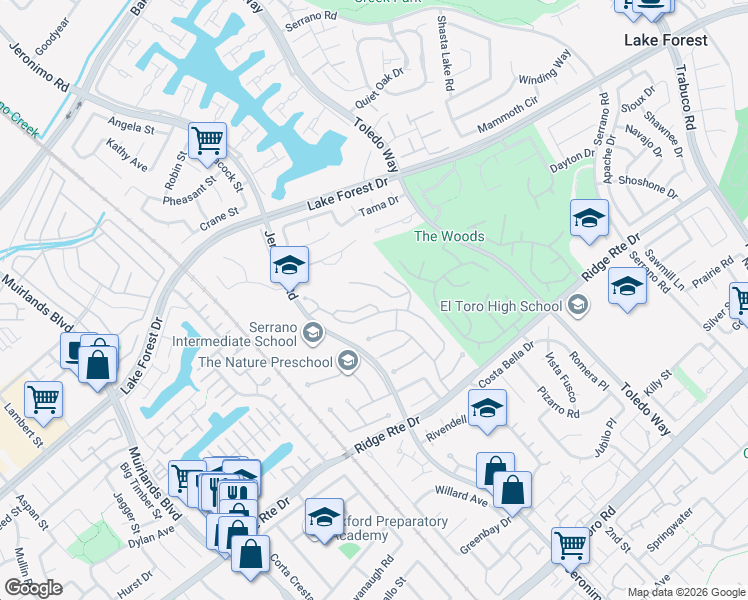 map of restaurants, bars, coffee shops, grocery stores, and more near 24725 Woodhill Lane in Lake Forest