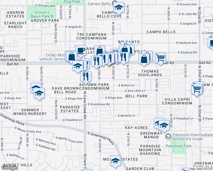 map of restaurants, bars, coffee shops, grocery stores, and more near 16621 North 25th Street in Phoenix