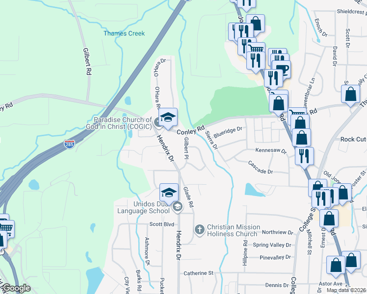map of restaurants, bars, coffee shops, grocery stores, and more near 4277 Gilbert Place in Forest Park