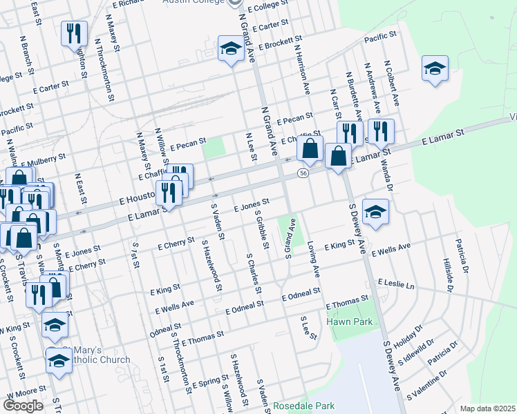 map of restaurants, bars, coffee shops, grocery stores, and more near 1302 East Jones Street in Sherman