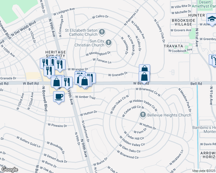 map of restaurants, bars, coffee shops, grocery stores, and more near 9613 West Campana Drive in Sun City
