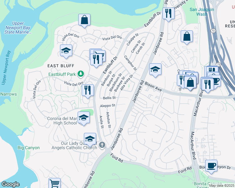 map of restaurants, bars, coffee shops, grocery stores, and more near 900 Bellis Street in Newport Beach