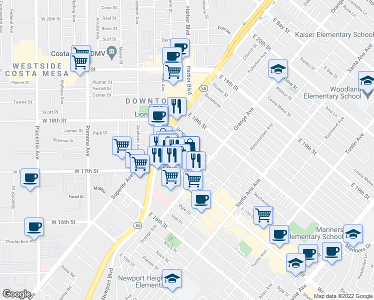 map of restaurants, bars, coffee shops, grocery stores, and more near 152 Cabrillo Street in Costa Mesa