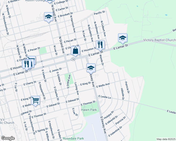 map of restaurants, bars, coffee shops, grocery stores, and more near 415 South Dewey Avenue in Sherman