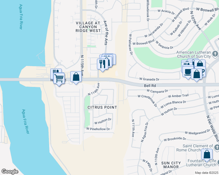 map of restaurants, bars, coffee shops, grocery stores, and more near 11322 West Campana Drive in Surprise