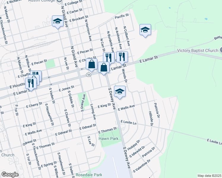 map of restaurants, bars, coffee shops, grocery stores, and more near 415 S Dewey Ave in Sherman