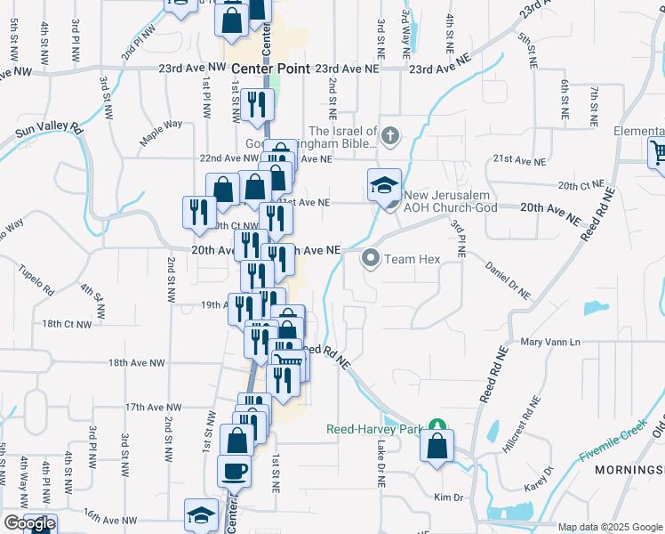map of restaurants, bars, coffee shops, grocery stores, and more near 1940 2nd Street Northeast in Center Point