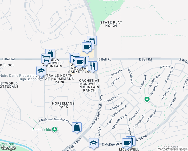 map of restaurants, bars, coffee shops, grocery stores, and more near 16700 North Thompson Peak Parkway in Scottsdale