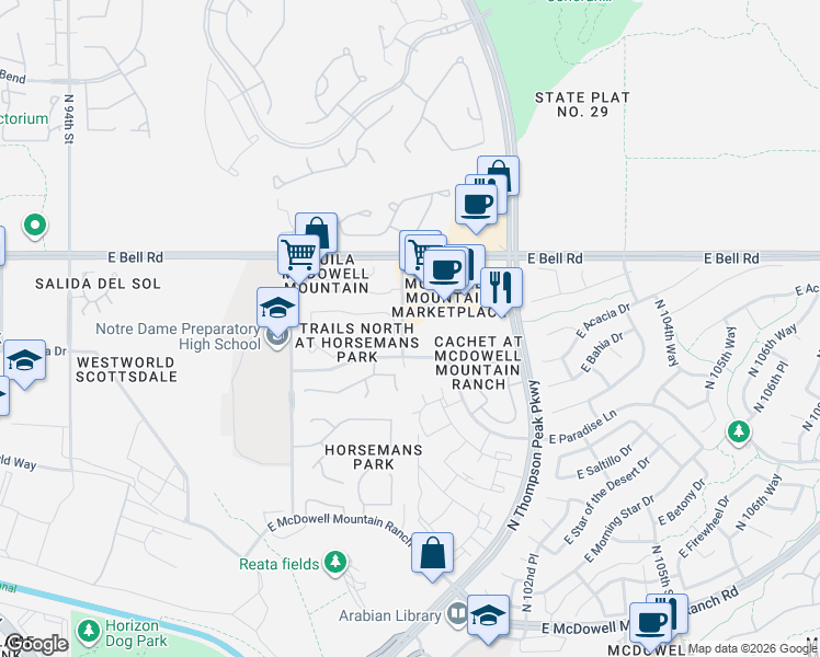 map of restaurants, bars, coffee shops, grocery stores, and more near 9976 East Jasmine Drive in Scottsdale