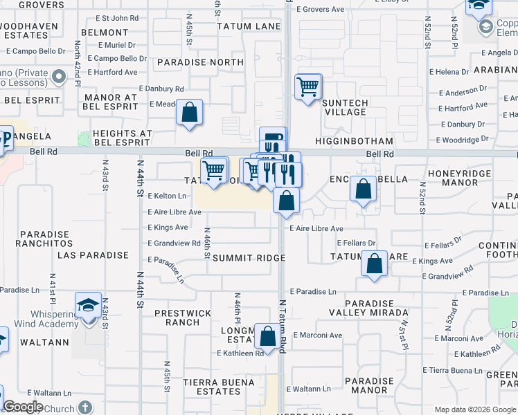 map of restaurants, bars, coffee shops, grocery stores, and more near 4664 East Aire Libre Avenue in Phoenix
