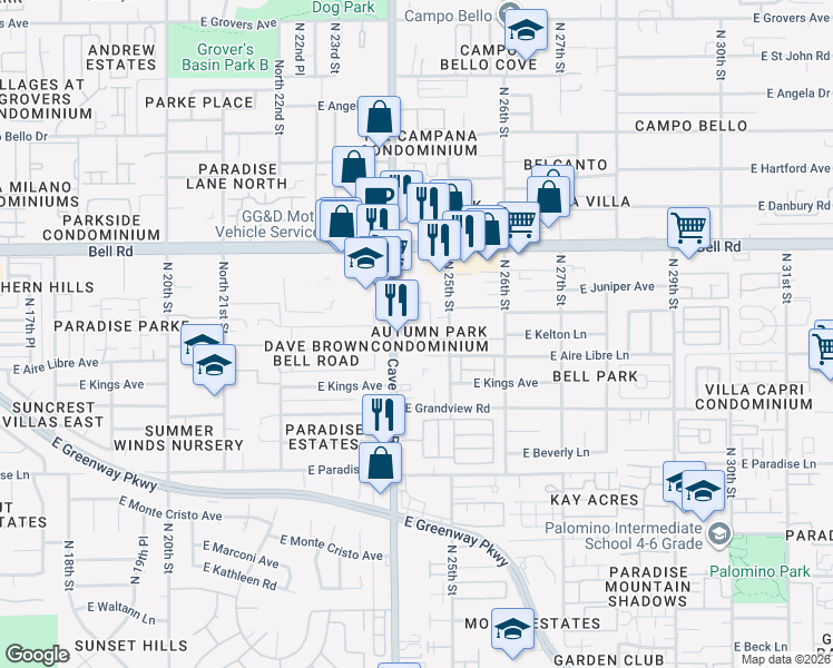 map of restaurants, bars, coffee shops, grocery stores, and more near 16627 North Cave Creek Road in Phoenix