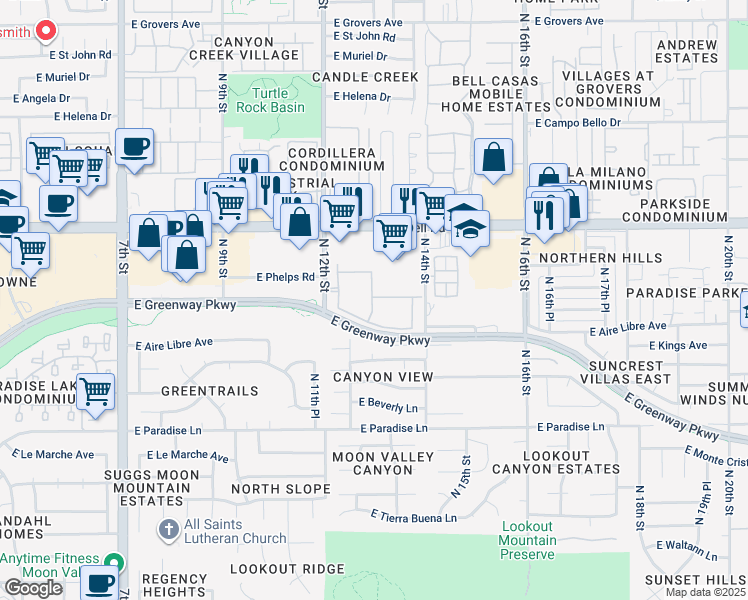 map of restaurants, bars, coffee shops, grocery stores, and more near 16601 North 12th Street in Phoenix