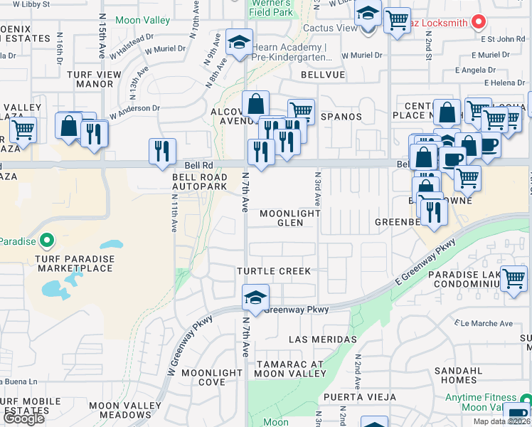 map of restaurants, bars, coffee shops, grocery stores, and more near 523 West Kelton Lane in Phoenix