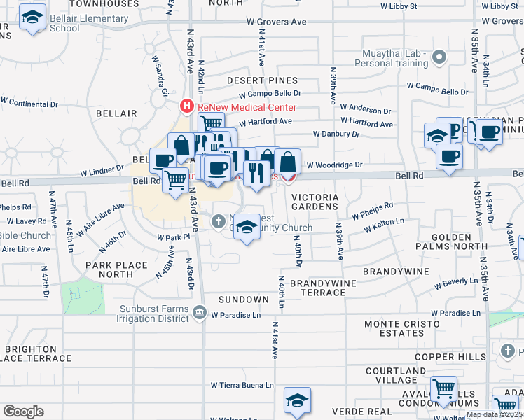 map of restaurants, bars, coffee shops, grocery stores, and more near 4045 West Bell Road in Phoenix