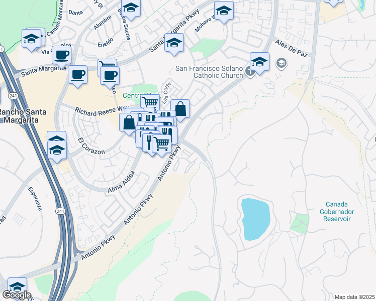 map of restaurants, bars, coffee shops, grocery stores, and more near 63 Santa Loretta in Rancho Santa Margarita
