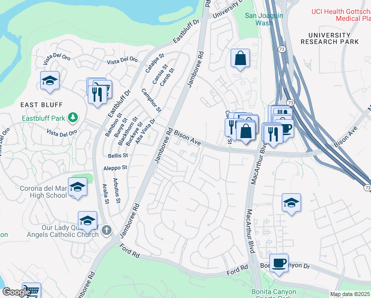 map of restaurants, bars, coffee shops, grocery stores, and more near 71 Bradbury in Newport Beach