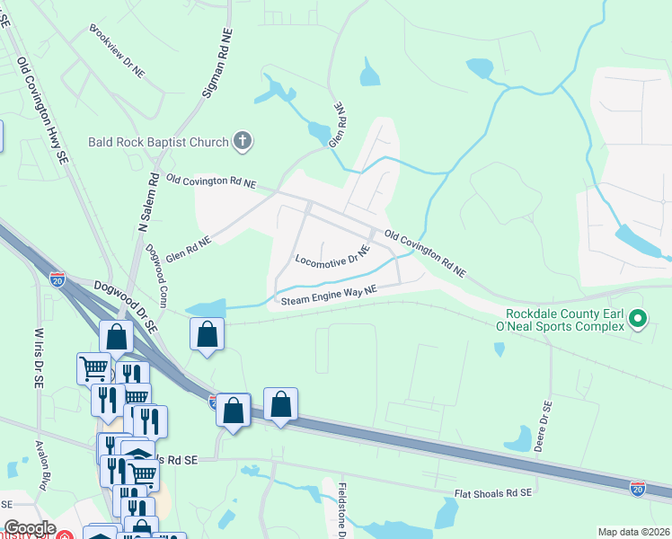 map of restaurants, bars, coffee shops, grocery stores, and more near 1515 Locomotive Drive Northeast in Conyers