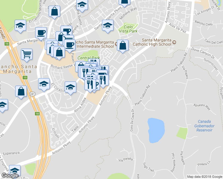 map of restaurants, bars, coffee shops, grocery stores, and more near 19 Santa Loretta in Rancho Santa Margarita