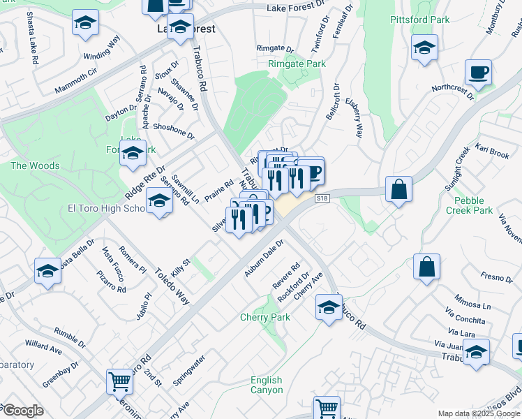 map of restaurants, bars, coffee shops, grocery stores, and more near 22402 Goldrush in Lake Forest