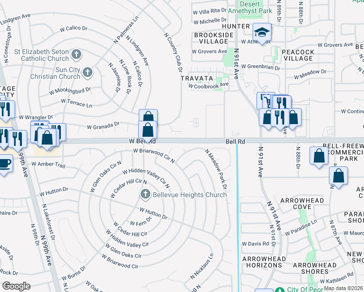map of restaurants, bars, coffee shops, grocery stores, and more near 16857 North Meadow Park Drive in Sun City