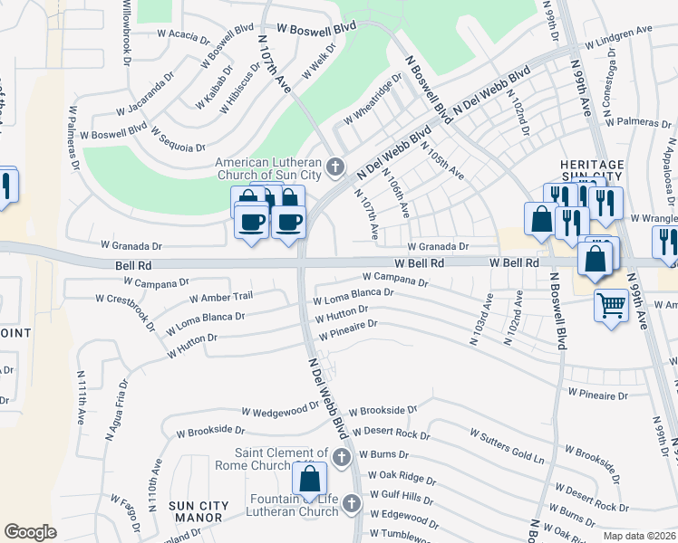 map of restaurants, bars, coffee shops, grocery stores, and more near 10630 West Campana Drive in Sun City