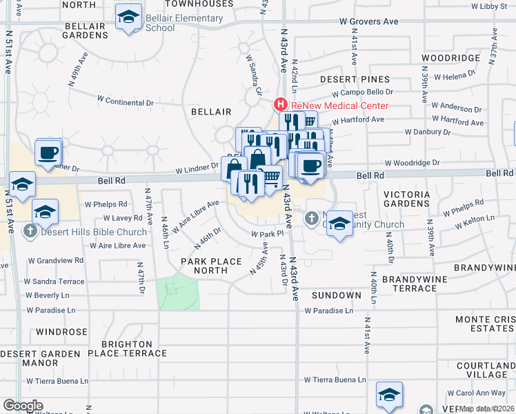 map of restaurants, bars, coffee shops, grocery stores, and more near 4315 West Bell Road in Glendale