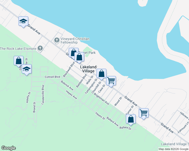 map of restaurants, bars, coffee shops, grocery stores, and more near Walls Street in Lake Elsinore