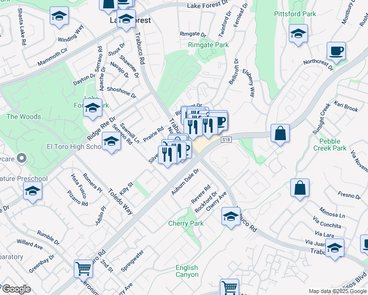 map of restaurants, bars, coffee shops, grocery stores, and more near 22402 Goldrush in Lake Forest