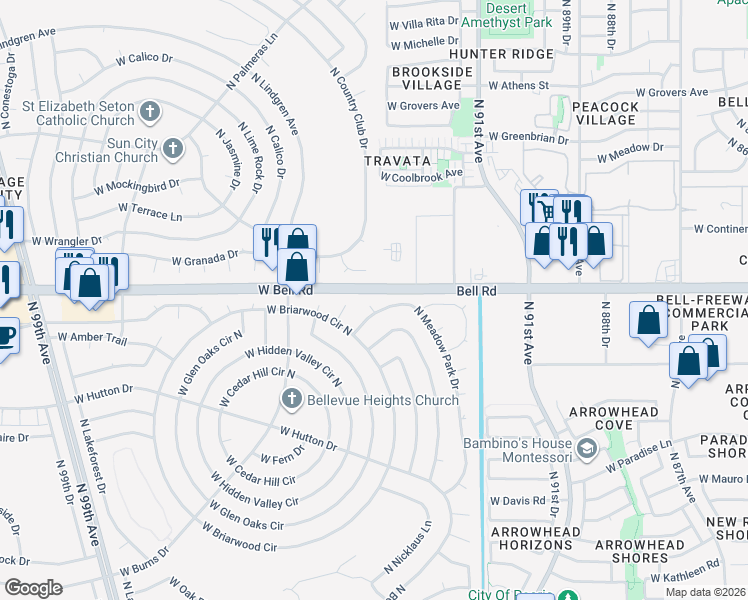 map of restaurants, bars, coffee shops, grocery stores, and more near 16849 North Meadow Park Drive in Sun City