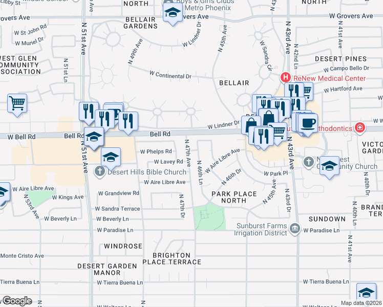map of restaurants, bars, coffee shops, grocery stores, and more near 16638 North 46th Lane in Glendale