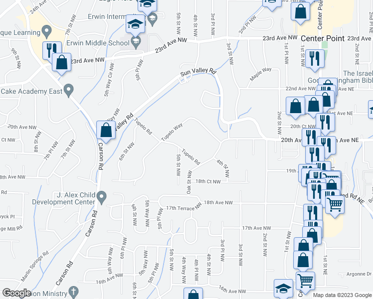 map of restaurants, bars, coffee shops, grocery stores, and more near 438 Tupelo Road in Center Point