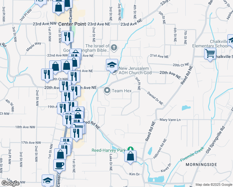map of restaurants, bars, coffee shops, grocery stores, and more near 309 Ginger Drive Northeast in Center Point